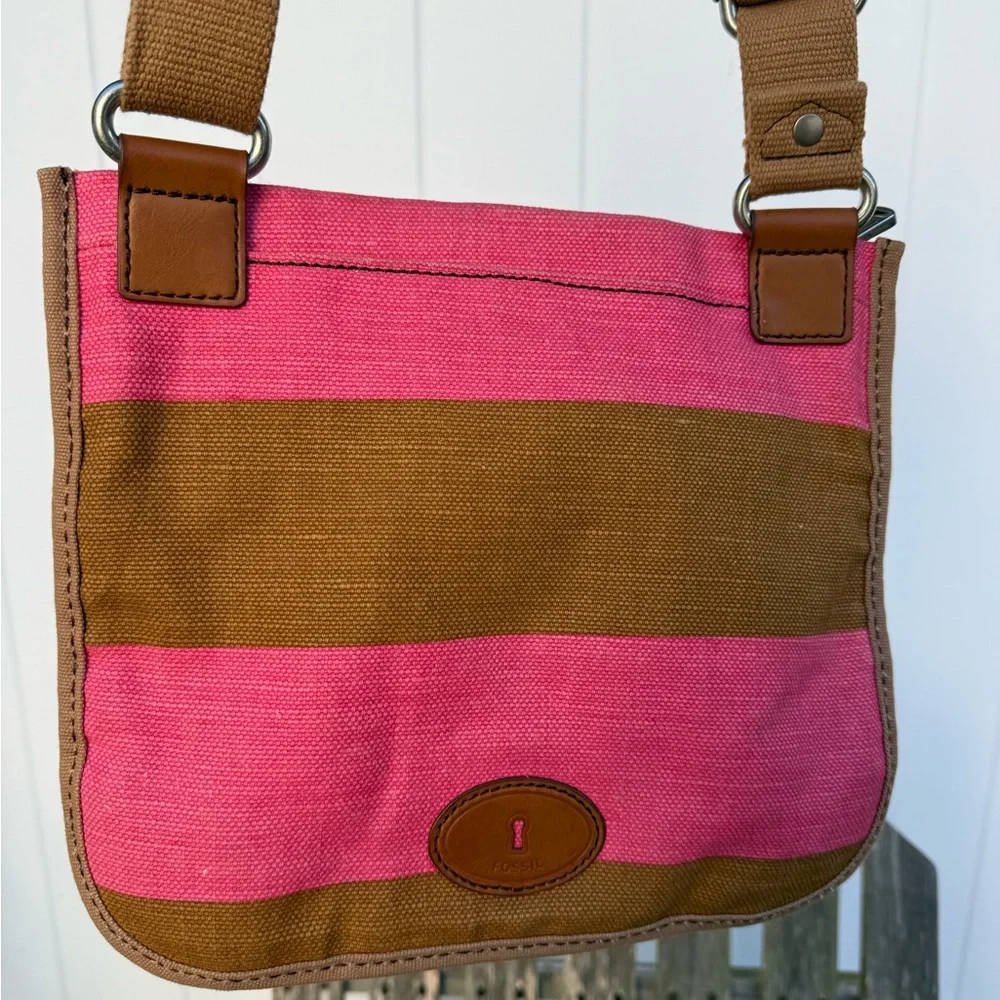 Fossil Shay Canvas Crossbody Pink Yellow Handbag Flap‎ Closure Pocket Bag NWOT W